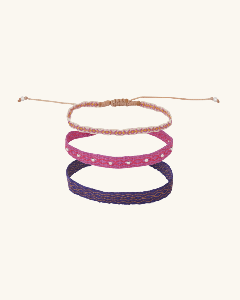Pack Pulseras Telar Azul , Beige y Lila con Mostacillas de Plata