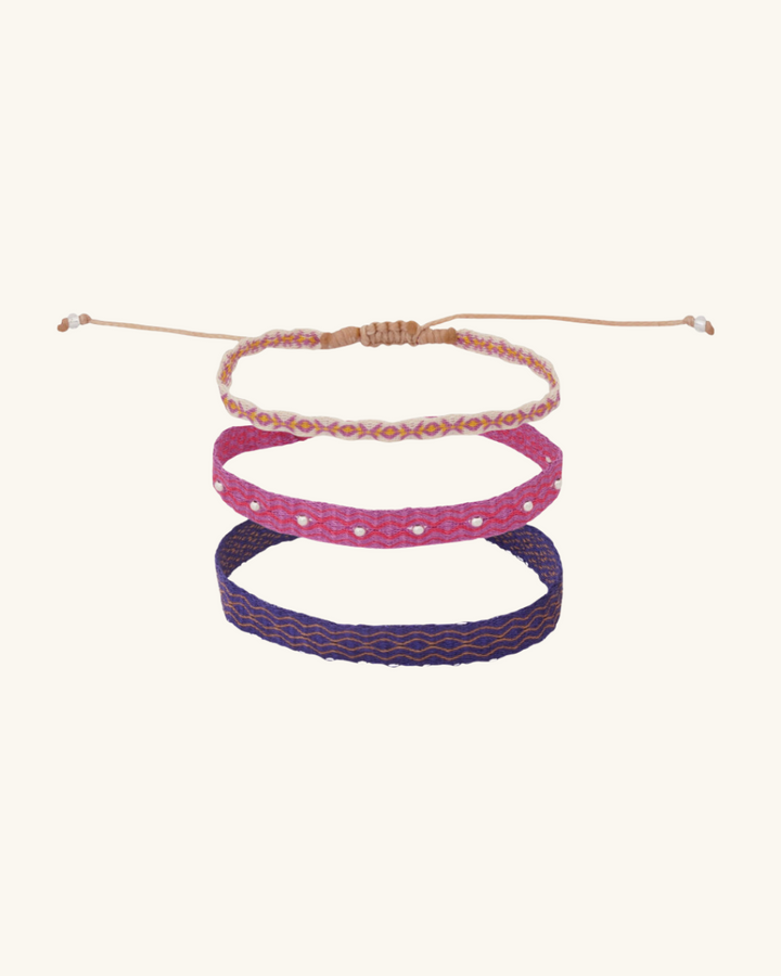 Pack Pulseras Telar Azul , Beige y Lila con Mostacillas de Plata