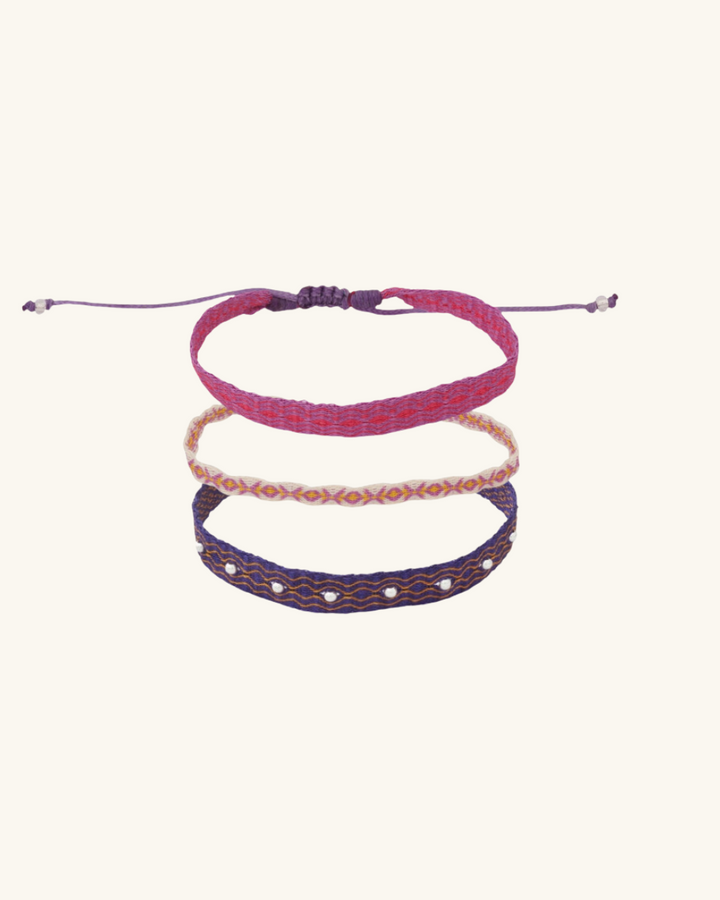 Pack Pulseras Telar Azul con Mostacillas de Plata, Beige y Lila