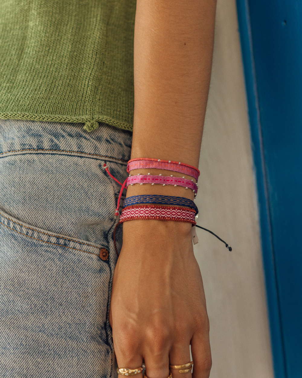 Pulsera Telar Ancha Azul Oscuro y Beige