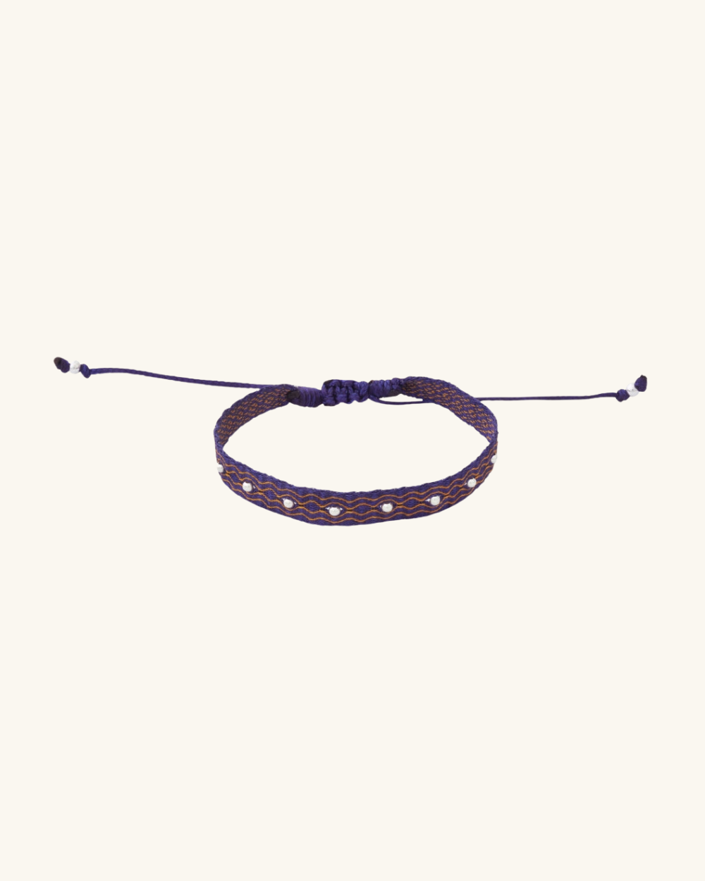 Pulsera Telar Ancha Azul Oscuro y Beige y Mostacillas de Plata