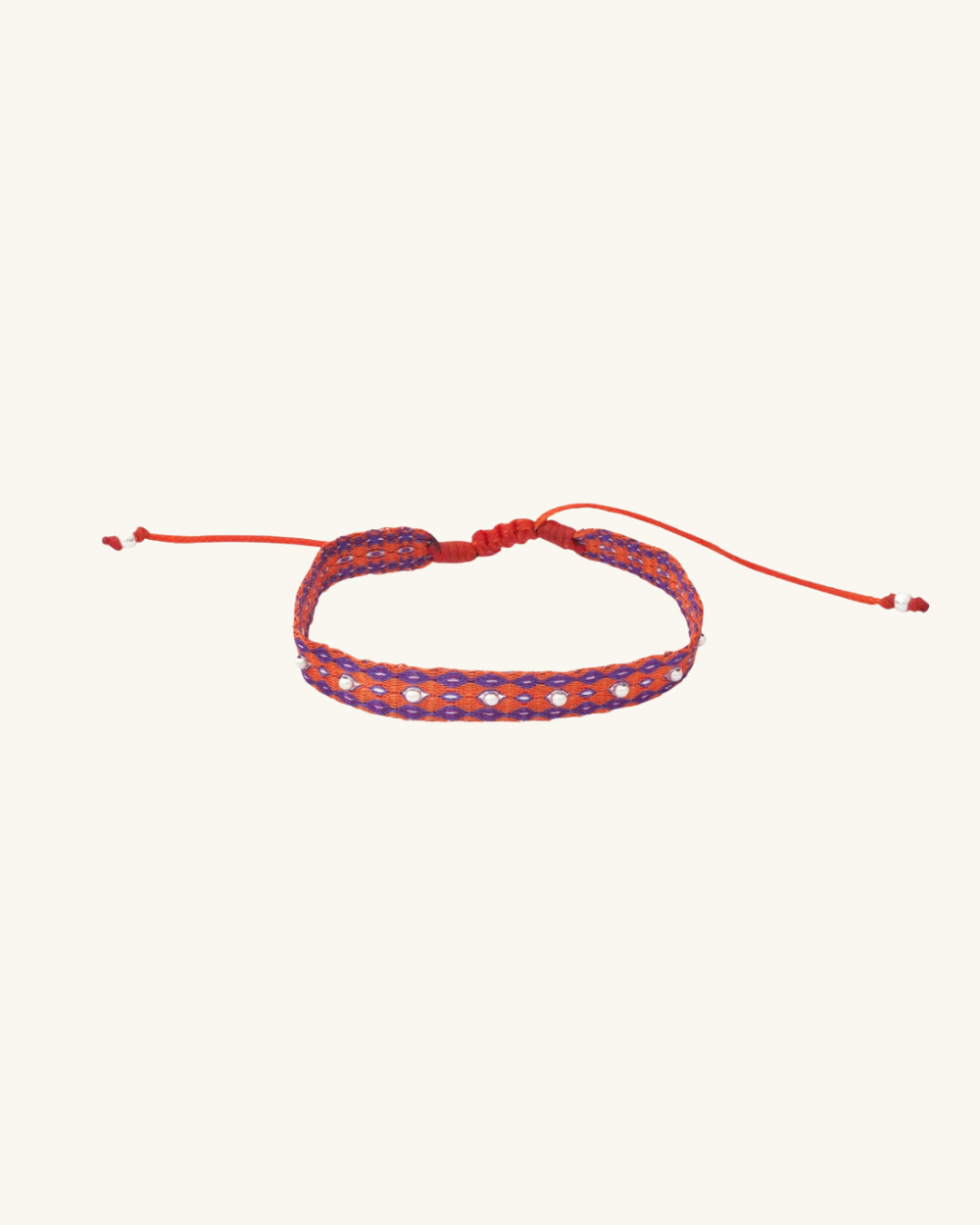 Pulsera Telar Ancha Naranja y Morado con Mostacillas de Plata