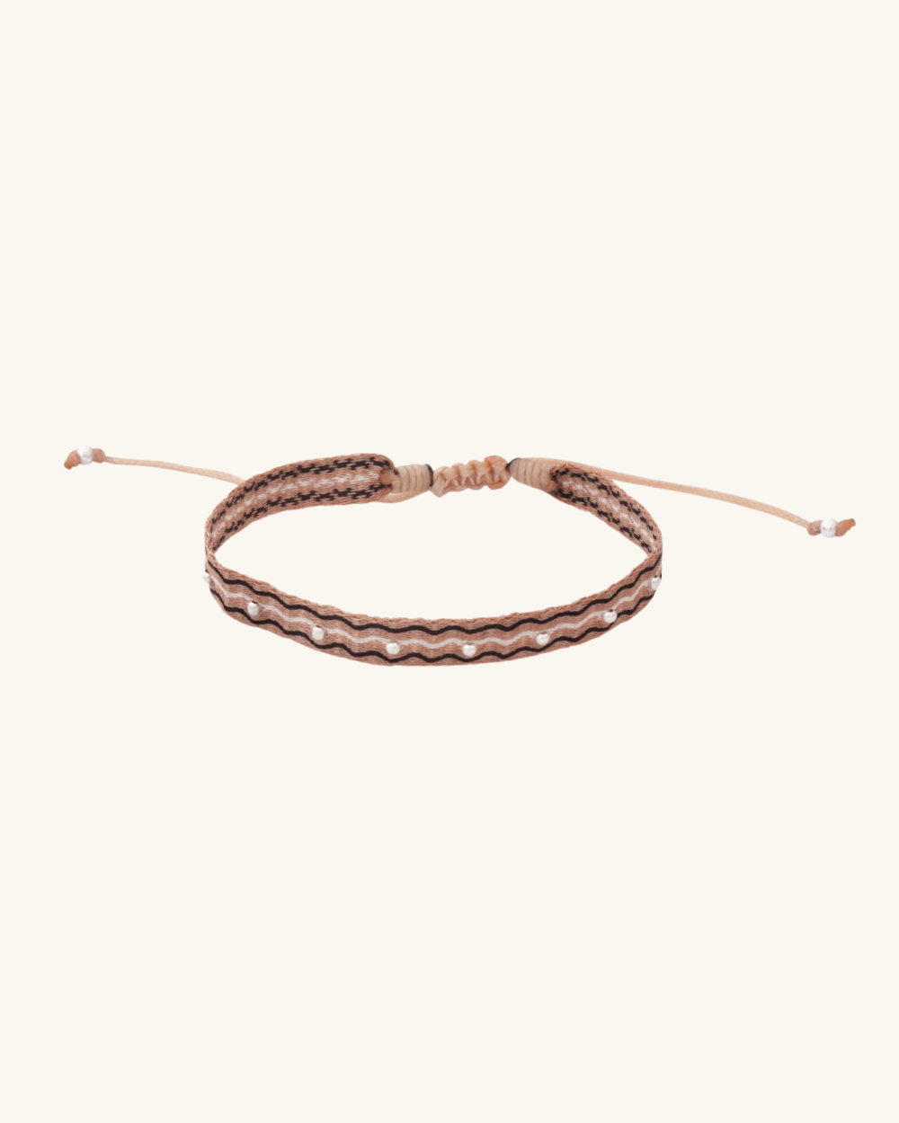 Pulsera Telar Ancha Zig Zag Beige, Negra y Blanco con Mostacillas de Plata