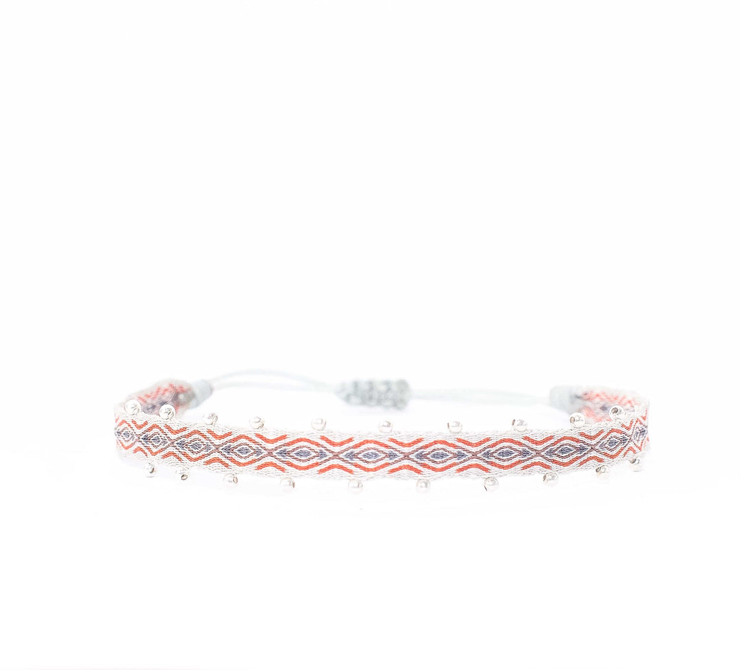 Pulsera Telar Ancha Gris y Naranjo con Mostacillas de Plata