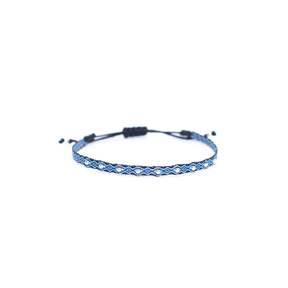 Pulsera Telar Fina Azul y Negro con Mostacillas de Plata