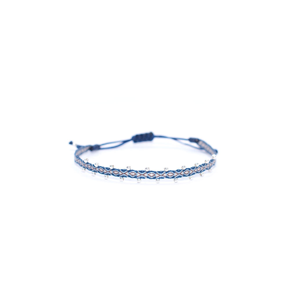 Pulsera Telar Fina Azul y Tierra con Mostacillas de Plata