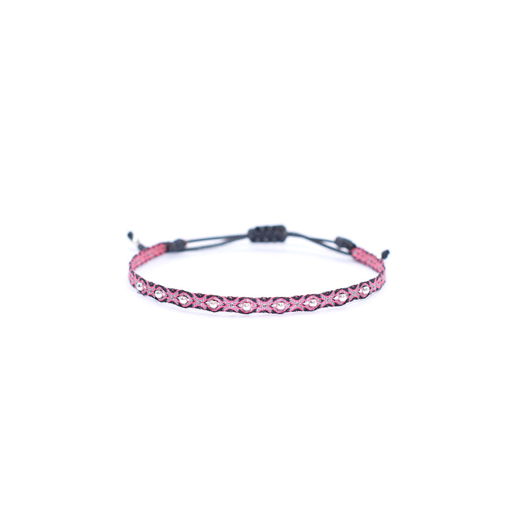 Pulsera Telar Fina Negro y Rosado con Mostacillas de Plata