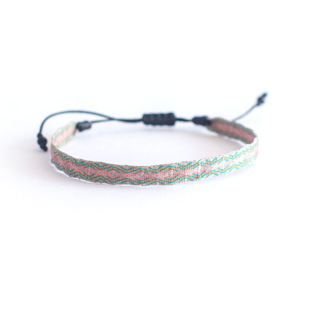 Pulsera Telar Ancha Rosado y Plata