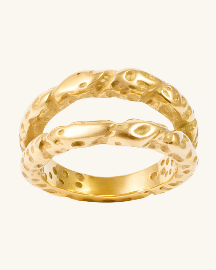 Anillo Doble Relieve de Acero Bañado en Oro