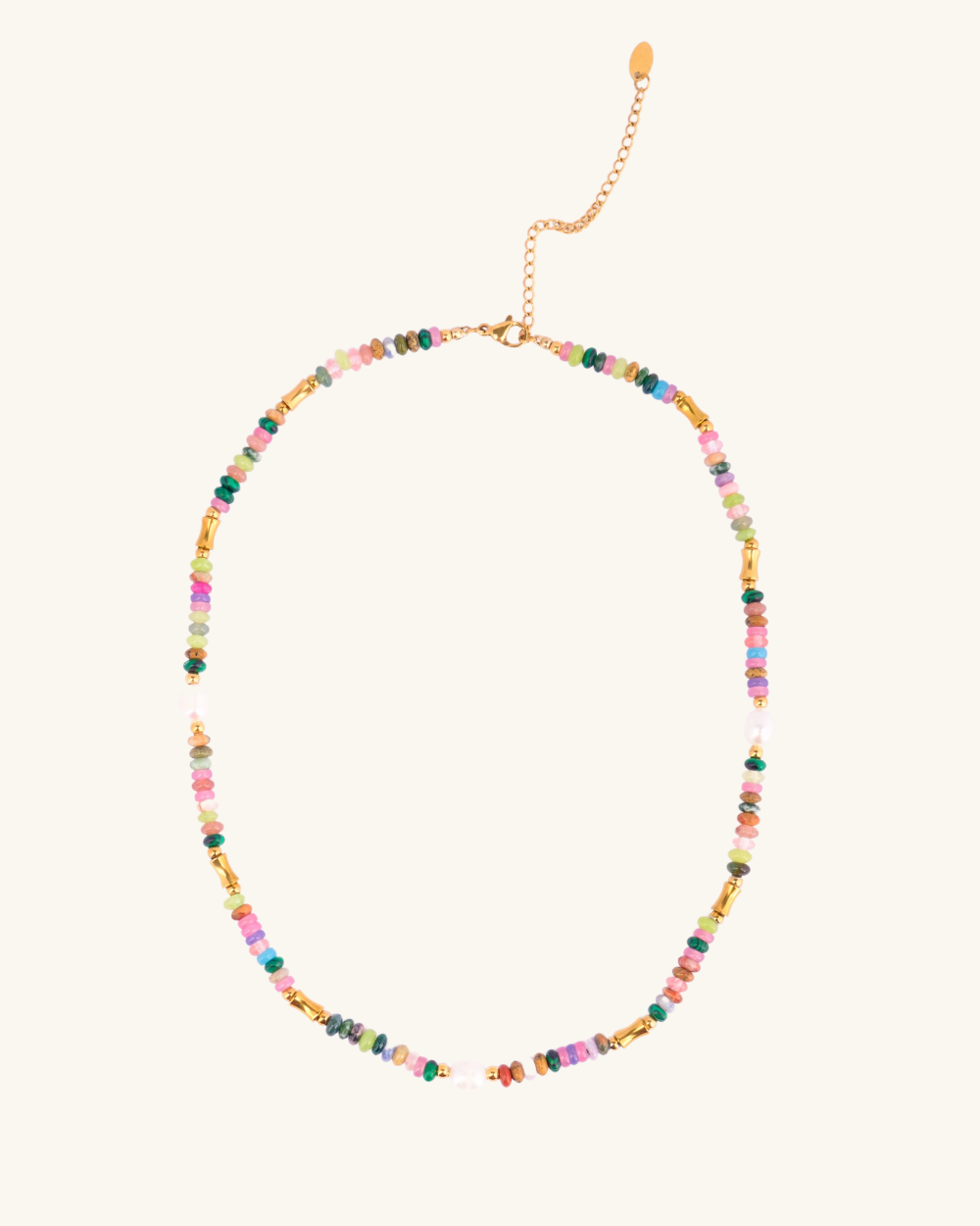 Collar de Acero Bañado en Oro con Piedras Pastel y Perlas