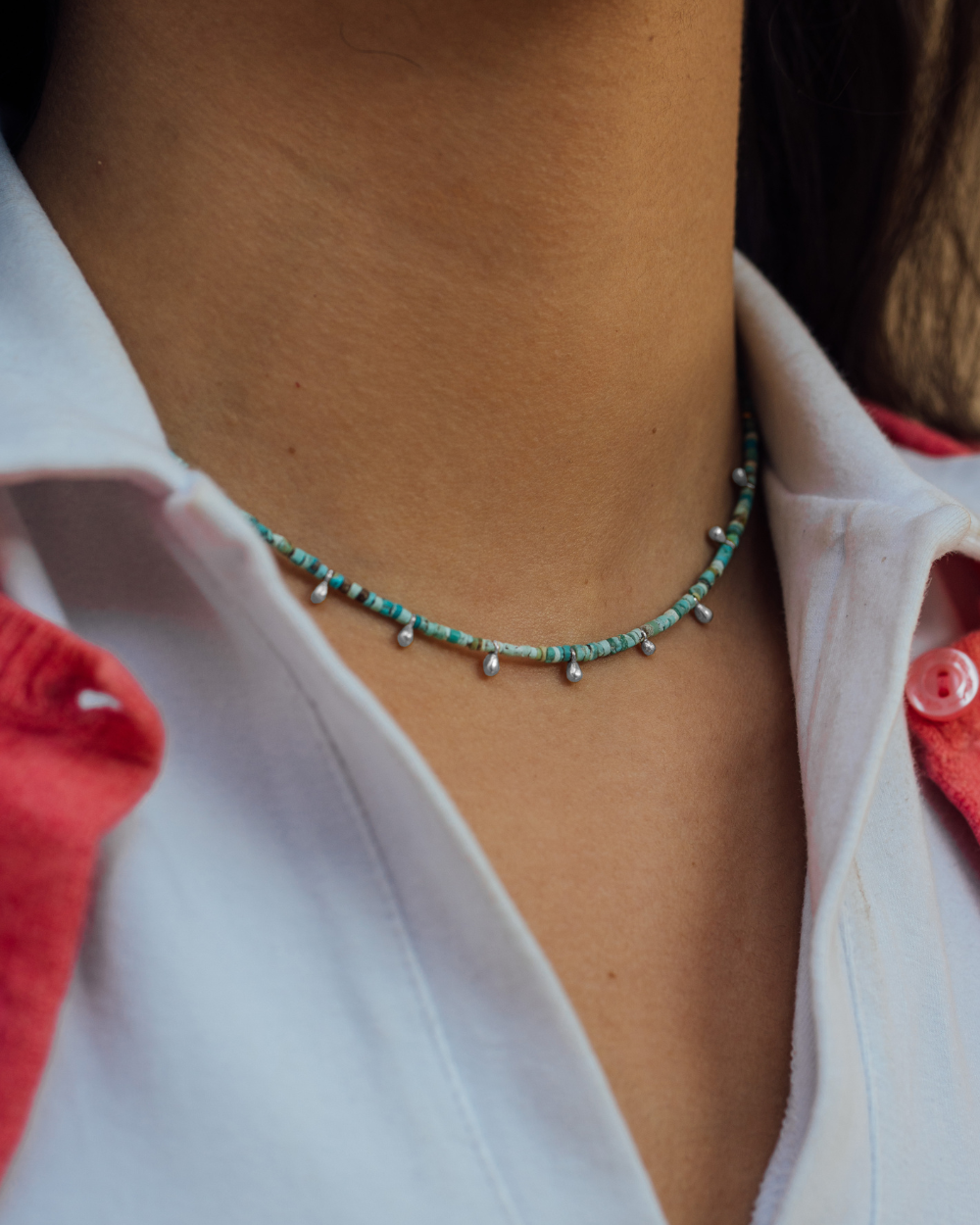 Collar de Turquesa Verde con Pelotitas de Plata - Zazü
