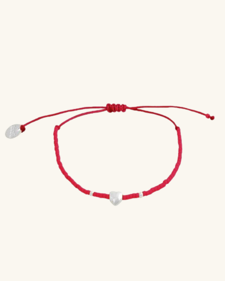 Pulsera Roja Corazón y Mostacillas de Plata