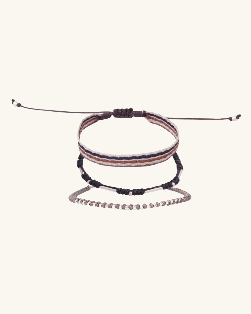 Pack Pulseras Gris y Negro con Plata y Telar Café