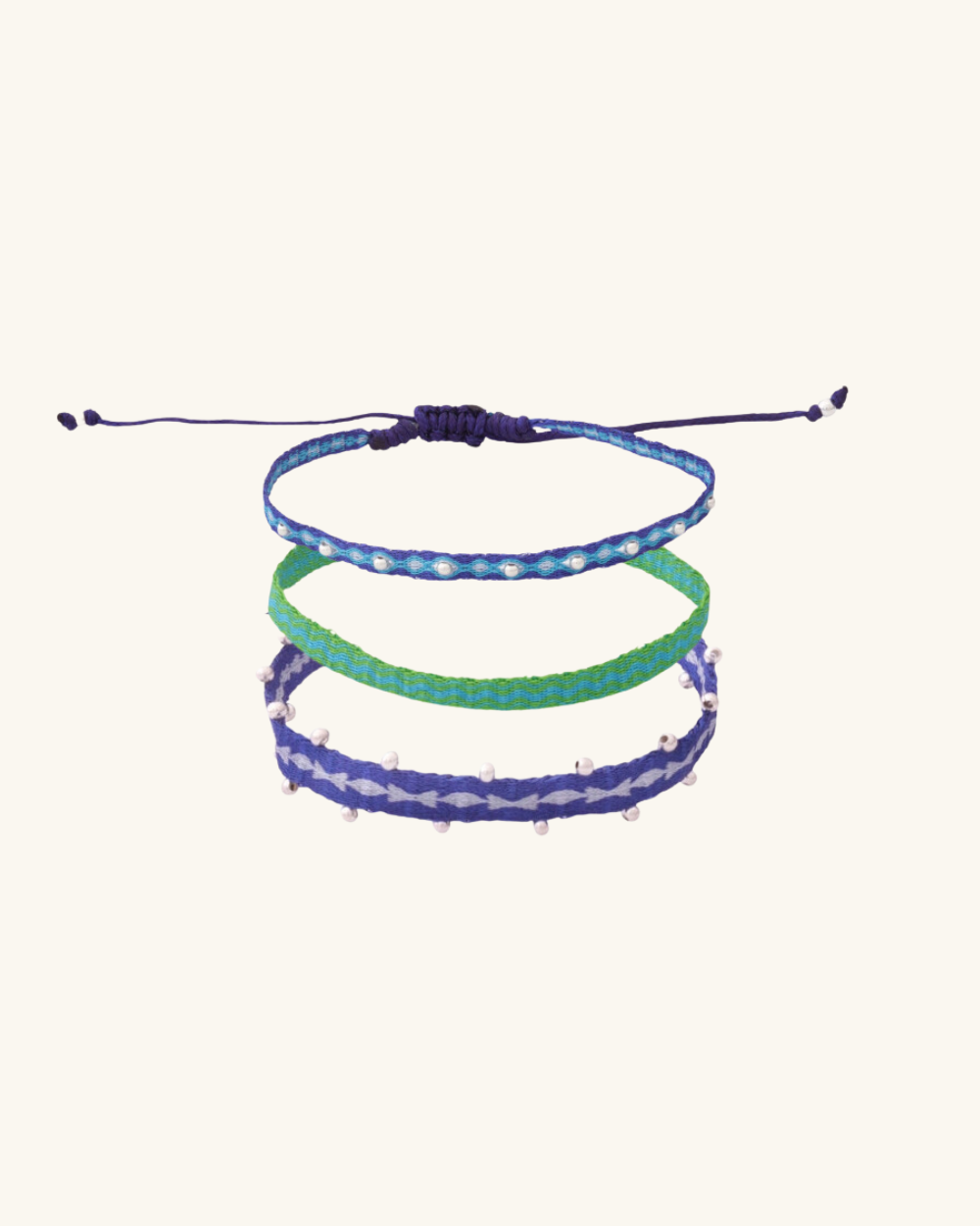 Pack Pulseras Telar Azul con Mostacillas de Plata al lado y Verde