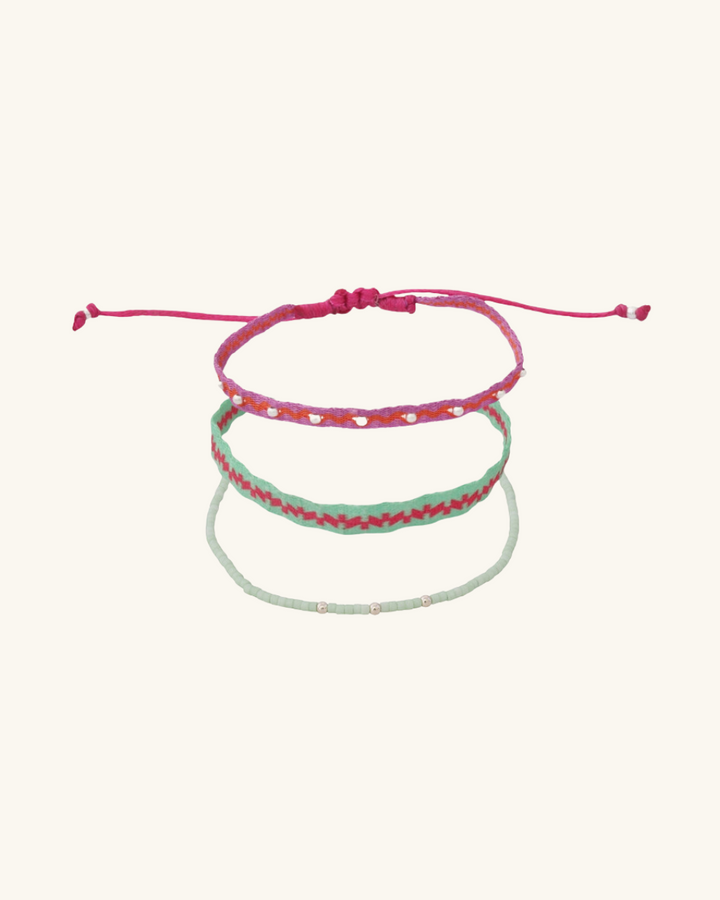 Pack Pulseras Telar Verde y Lila Mostacillas de Plata y Mostacillas Agua