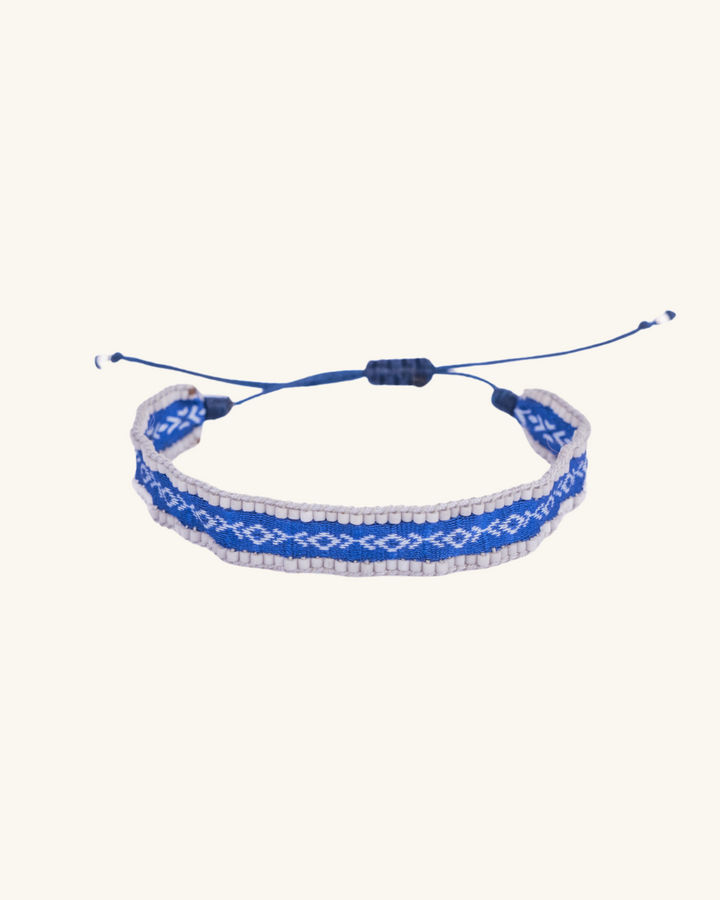 Pulsera Telar Ancha Azul y Mostacillas Bordadas