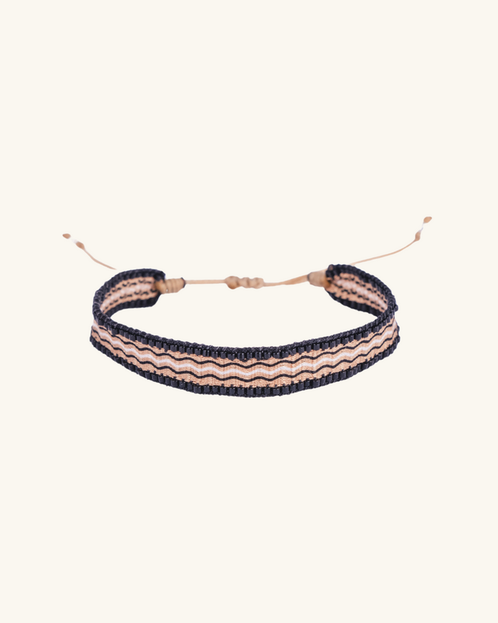 Pulsera Telar Ancha Beige y Mostacillas Bordadas