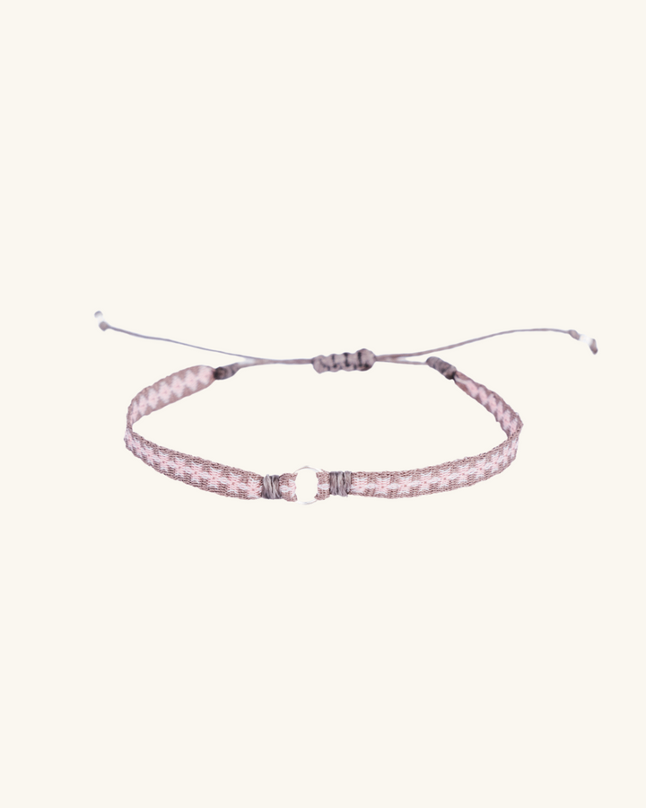 Pulsera Telar Fina Gris y Rosado con Círculo de Plata