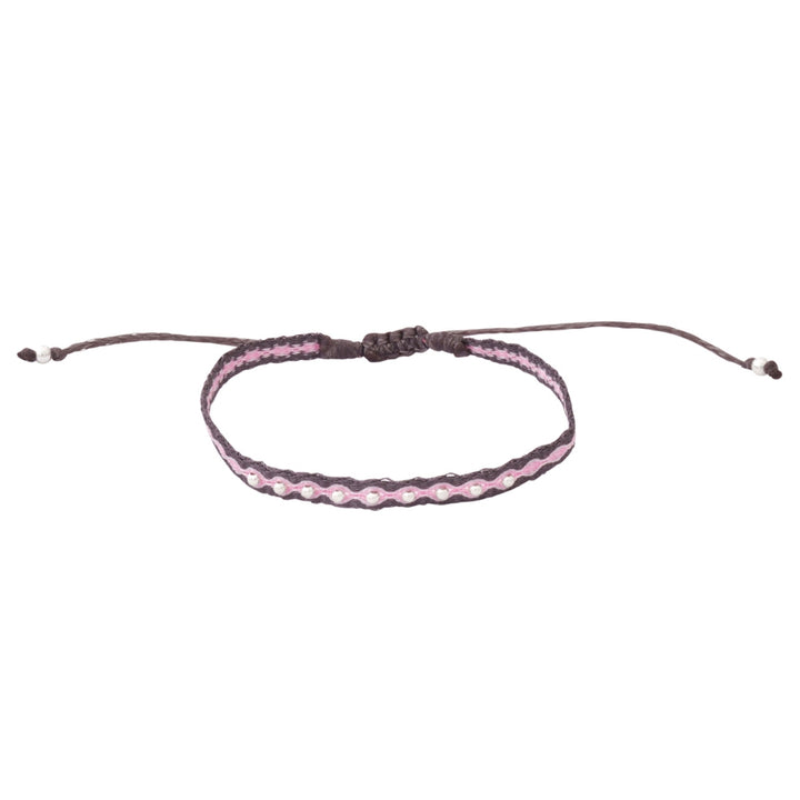 Pulsera Telar Fina Gris y Rosado con Mostacillas de Plata