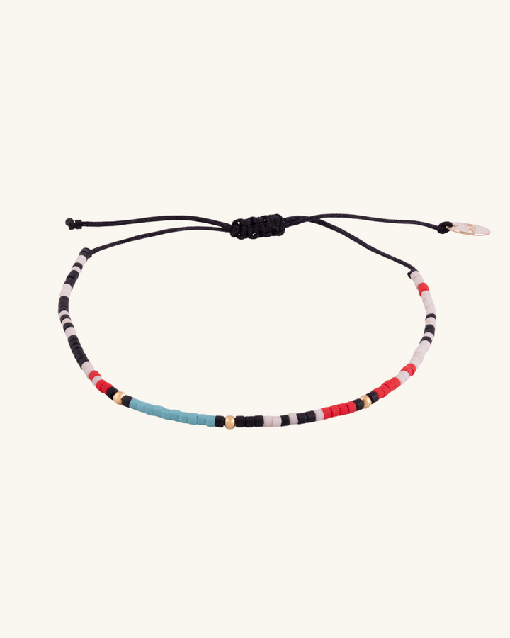 Pulsera Crema, Negro y Turquesa con Mostacillas Bañadas en Oro