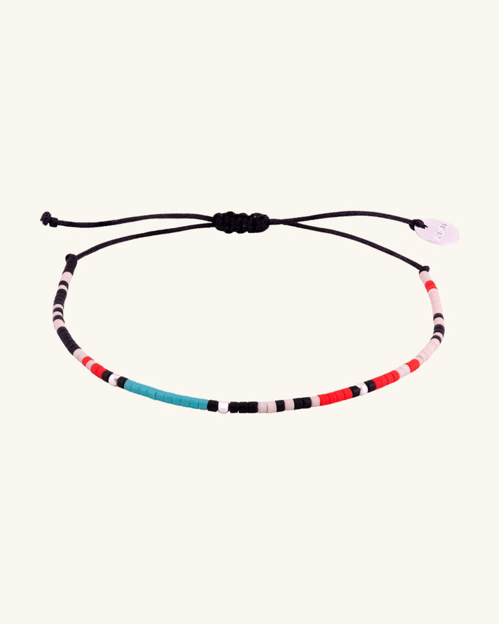 Pulsera Crema, Negro y Turquesa con Mostacillas de Plata