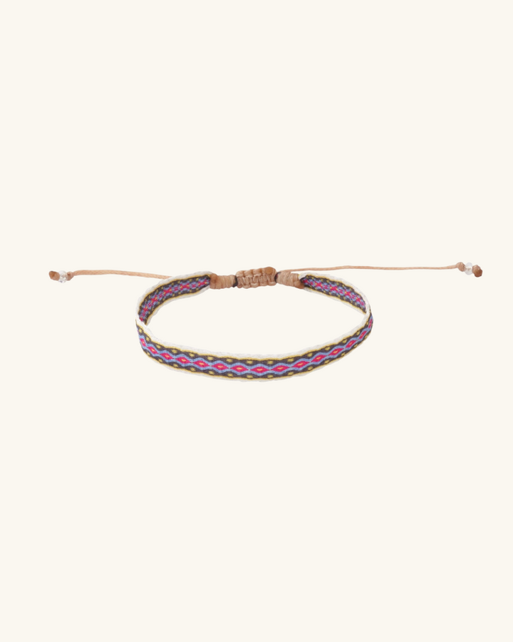 Pulsera Telar Ancha Beige, Verde y Rosado