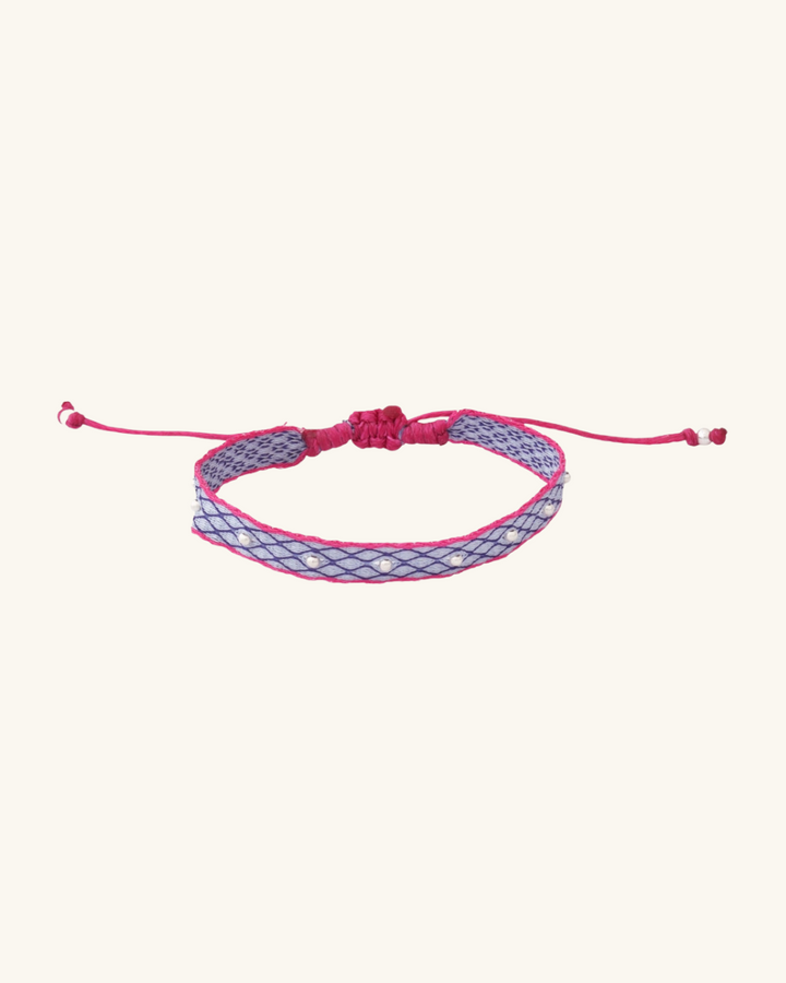 Pulsera Telar Ancha Celeste con Bordes Fucsia y Mostacillas de Plata