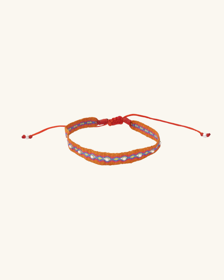 Pulsera Telar Ancha Mostaza, Azul y Amarillo con Mostacillas de Plata