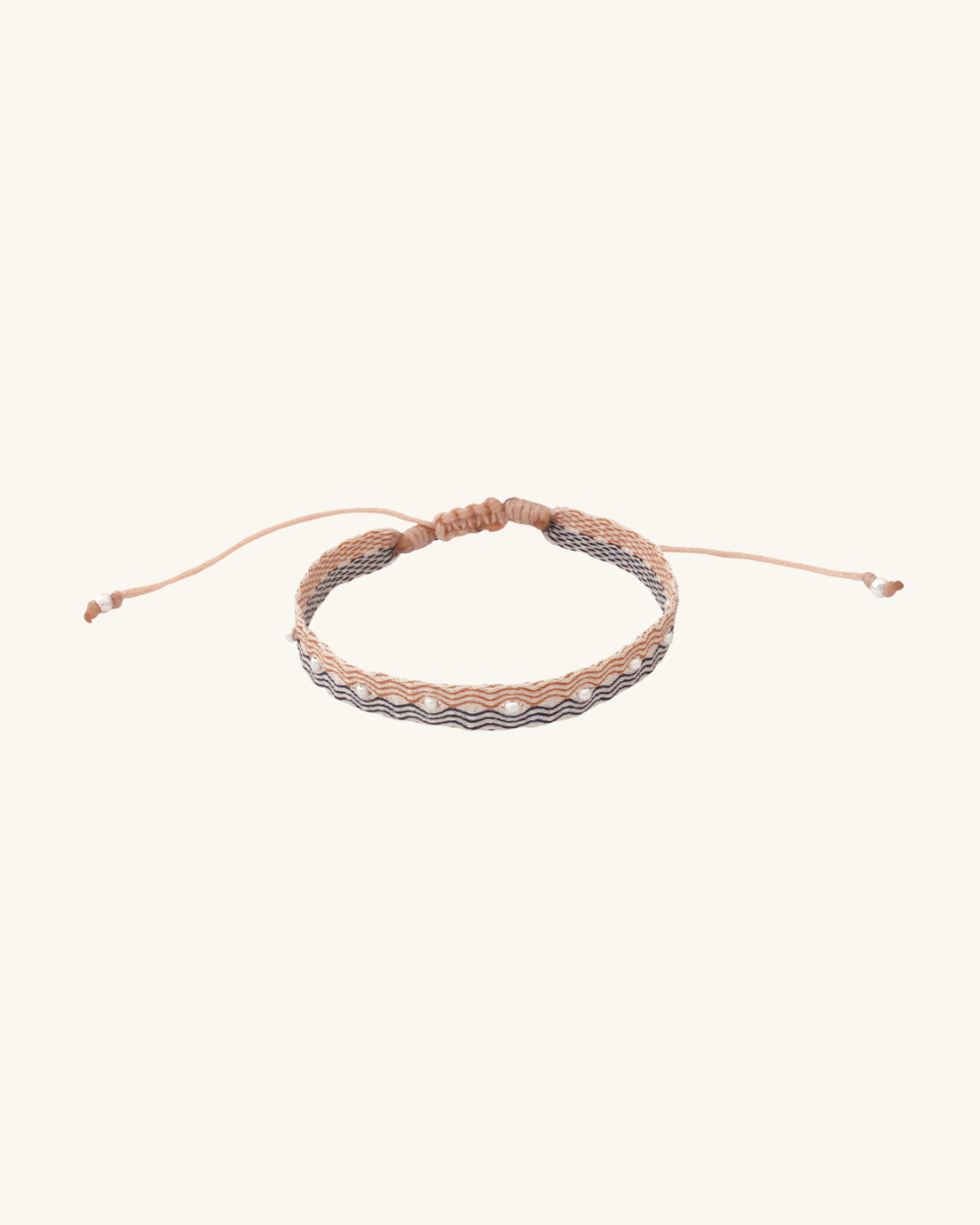 Pulsera Telar Ancha Olas Negras y Beige con Mostacillas de Plata