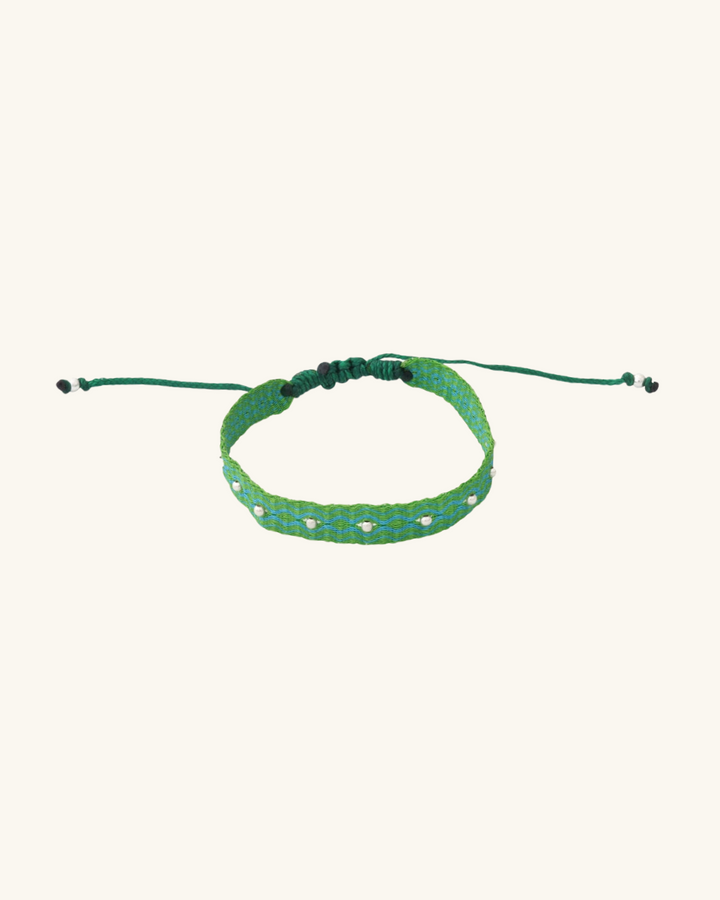 Pulsera Telar Ancha Verde y Turquesa con Mostacillas de Plata