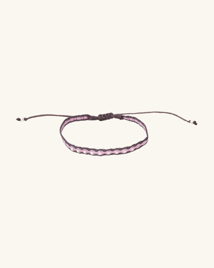 Pulsera Telar Fina Gris y Rosado con Mostacillas de Plata