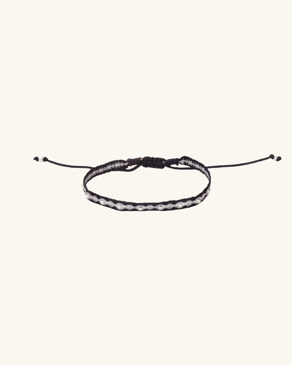 Pulsera Telar Fina Negra y Plata con Mostacillas de Plata