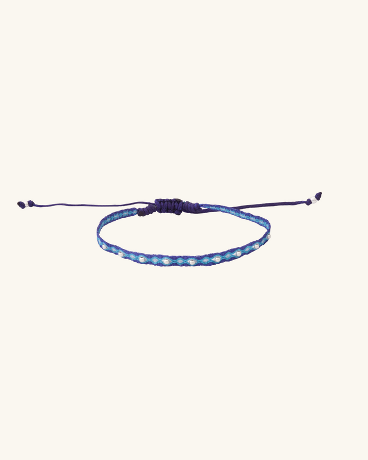 Pulsera Telar Fina Turquesa y Azul con Mostacillas de Plata