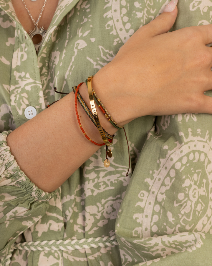 Pulsera Telar Fina Verde Musgo y Beige