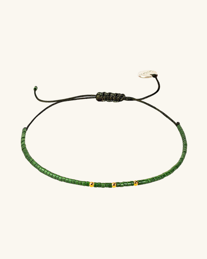 Pulsera Verde Militar con mostacillas bañadas en oro