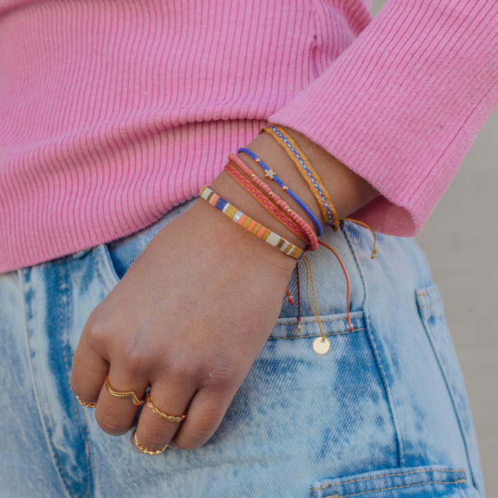 Pulsera Telar Ancha Mostaza, Azul y Amarillo