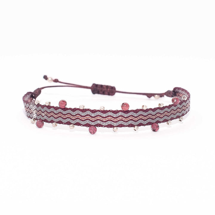 Pulsera telar Ancha Burdeo con Mostacillas de Plata y Piedra