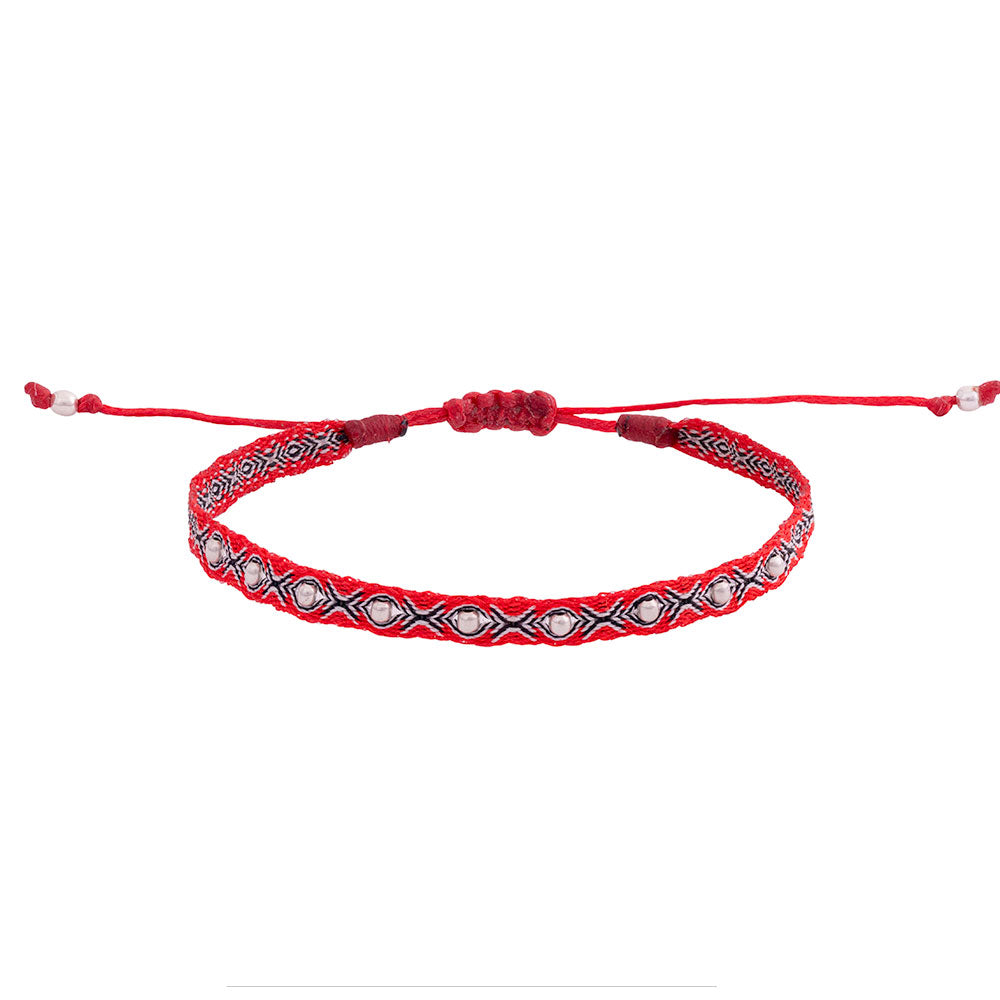 Pulsera Telar Fina Roja y Negro con Mostacillas de Plata